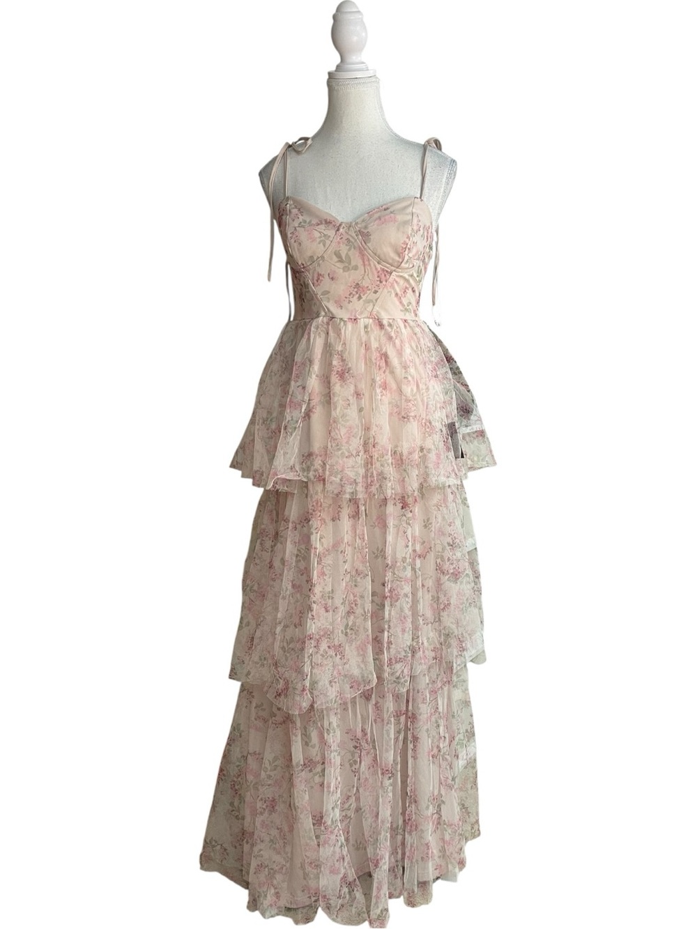 Lulus Blissfully Gorgeous Tie-Strap Bustier Tiered Maxi Dress Blush Pink Floral